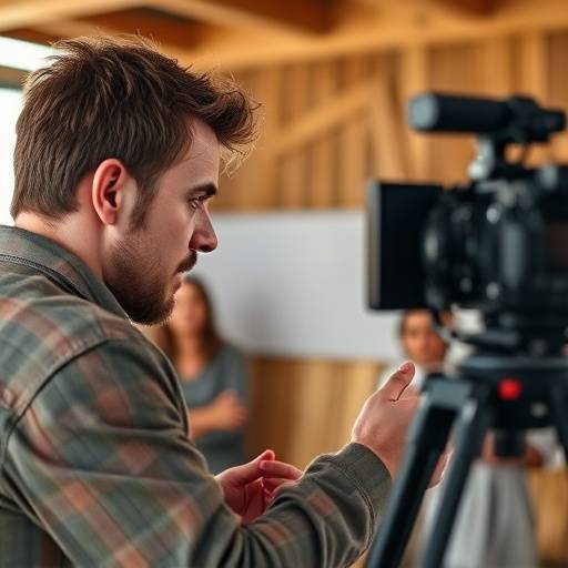Actor performing in front of a camera during an on-camera acting class.