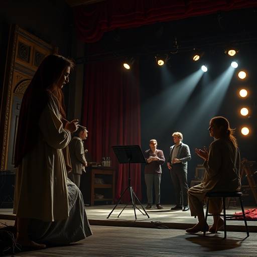 Actors rehearsing a scene from a classic play on stage.